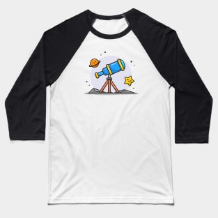 Telescope Astronomy Viewing Cute Planet and Cute Star Cartoon Vector Icon Illustration Baseball T-Shirt